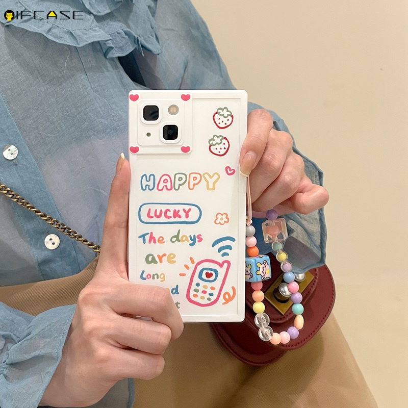 Ốp Điện Thoại Dẻo Hình Vuông Họa Tiết Trái Tim / Chữ Đơn Giản Kèm Vòng Tay &amp; Dây Đeo Cho iPhone 13 12 11 Pro Max XS Max XR X