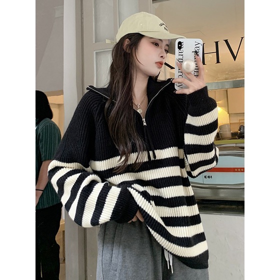 ZHELIHANGFEI Áo Sweater Tay Dài Cổ Lọ Kẻ Sọc Phối Khóa Kéo Cá Tính