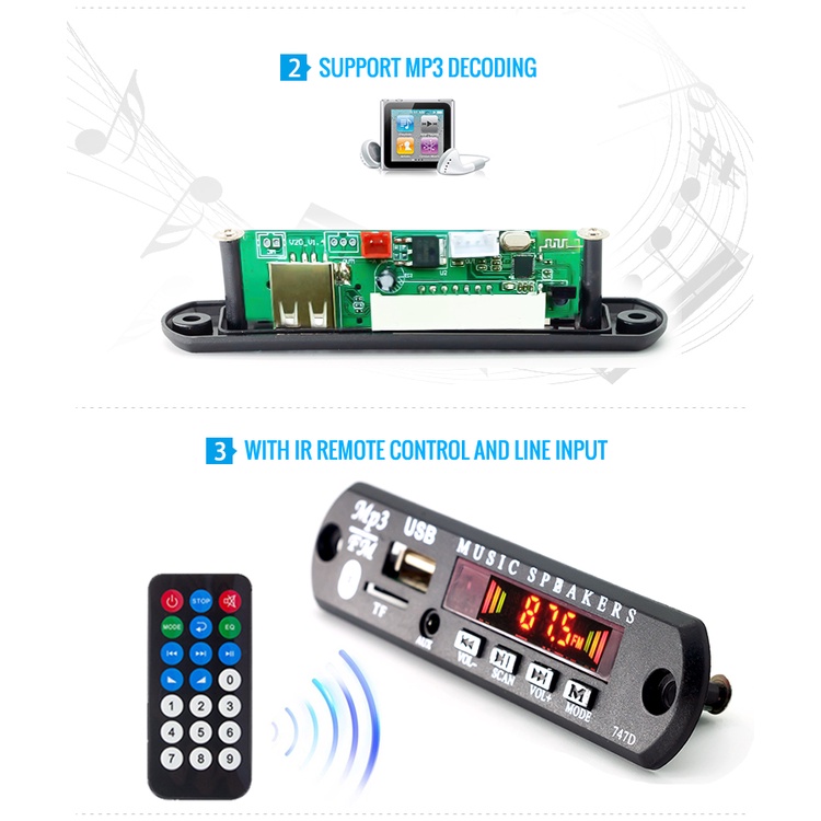 Bảng Mạch Giải Mã Âm Thanh 5V 12V Bluetooth 5.0 MP3 WMA USB TF FM Radio Màn Hình Màu Cho Xe Hơi
