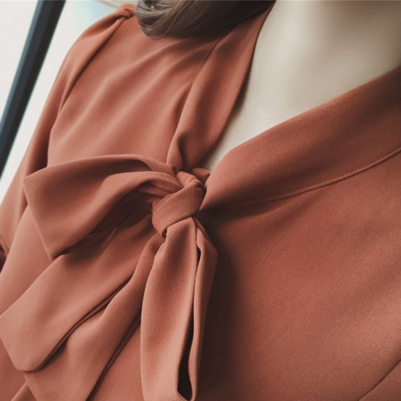 Áo Kiểu Tay Dài Chất Chiffon Phối Nơ Thiết Kế Thanh Lịch Cho Phái Nữ