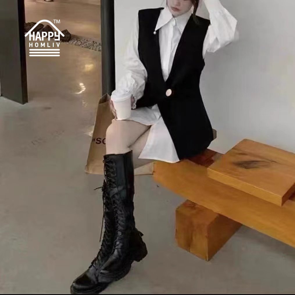 HAPPY HOMLIV Bộ Áo Sơ Mi Dáng Rộng Phối Đầm Sát Nách Cỡ Lớn M-4XL Thời Trang Cho Nữ