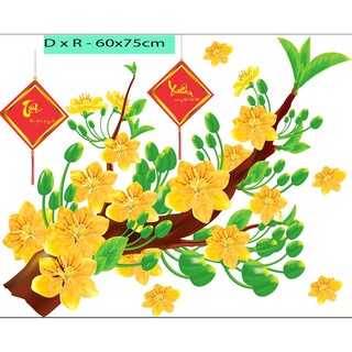 Decal trang trí decal dán kính tết cành mai vàng PK628 (Có sẵn keo)