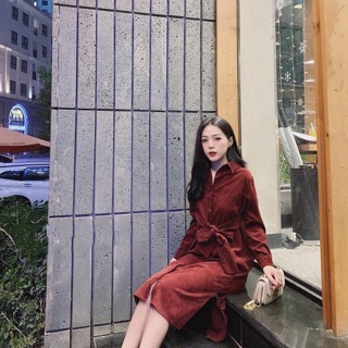 Váy nhung đỏ buộc nơ (ảnh thật)