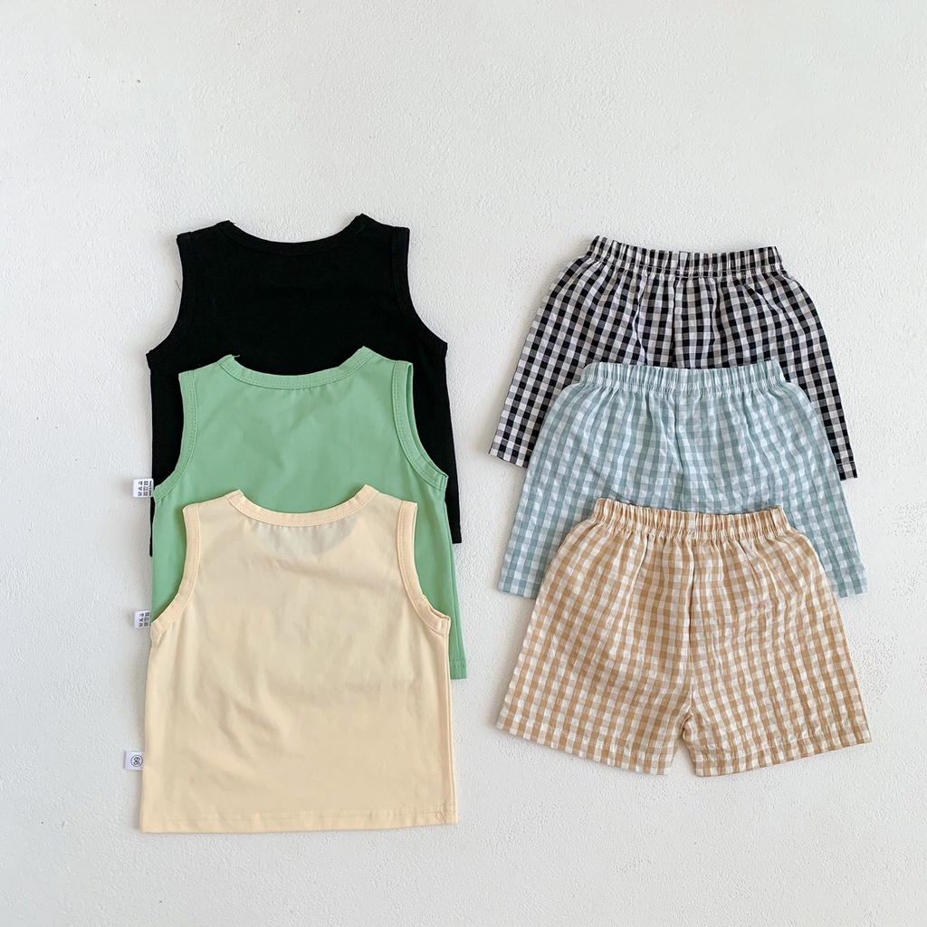 Set Áo Thun Tay Ngắn In Hình Trái Cây + Quần Short Kẻ Sọc Ca Rô Thời Trang Mùa Hè Cho Bé