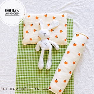 Set gối đầu + gối ôm vải xô muslin họa tiết trái cam
