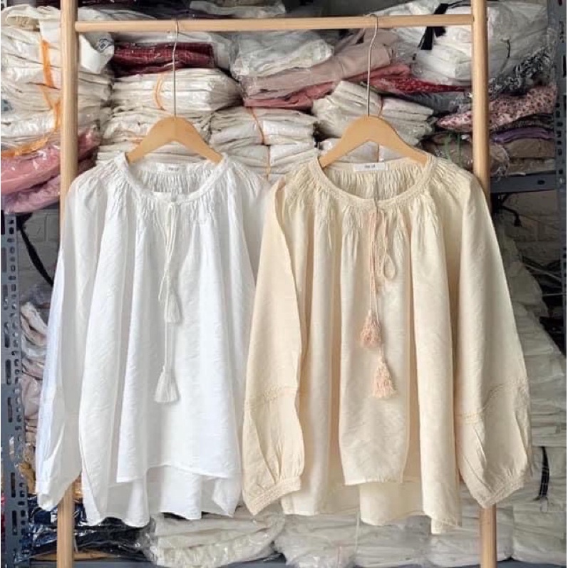 Áo sơmi đũi cổ tròn có dây chuông