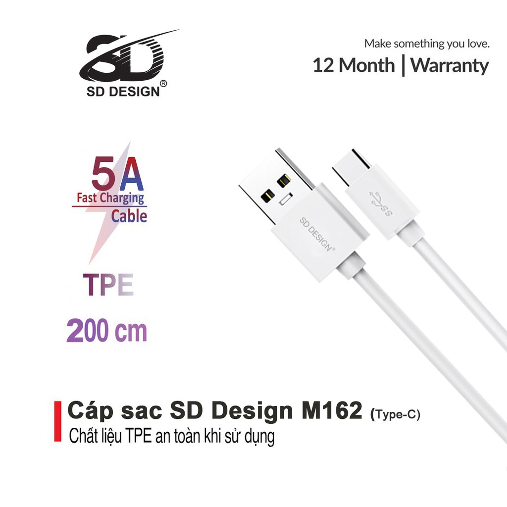 Cáp sạc SD DESIGN M162 chính hãng với chân sạc TypeC sử dụng cho các máy samsung,oppo,... bảo hành