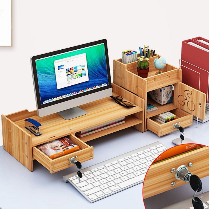 Kệ máy tính, kệ sách để bàn có ngăn kéo đựng đồ tiện lợi chất liệu gỗ cao cấp