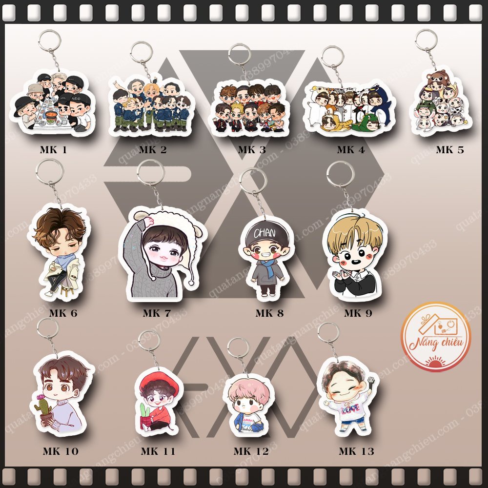 Móc khóa mica in ảnh nhóm nhạc EXO Hàn Quốc, các thành viên Beakhuyn, Chan, Chanyeol, Chen, D.O, Kai, Lay, Suho, Xiumin