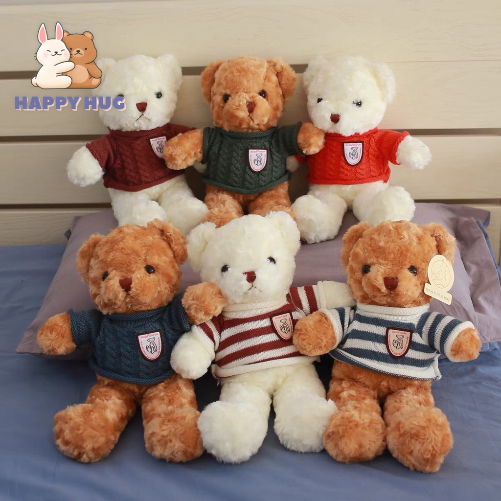 Gấu bông mini cute 25cm, gấu Teddy mặc áo len đáng yêu, thú nhồi bông dễ thương cho bé - Happy Hug