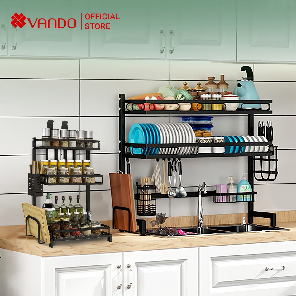Combo Kệ Để Chén Bát Và Kệ Gia Vị 3 Tầng Chính Hãng VANDO Chất Liệu Cao Cấp