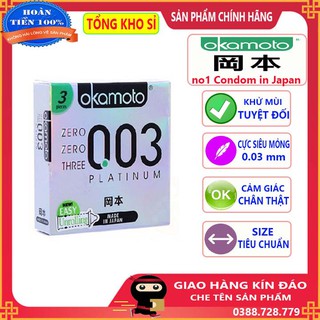 Bao cao su Okamoto 0.03 Platinum cực siêu mỏng Tinh chất bạc hà mát lạnh hộp 3 chiếc