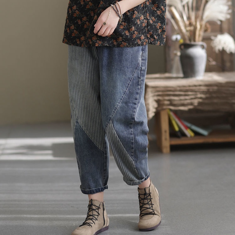 Quần Jeans Nữ Lưng Thun Ống Rộng Thời Trang Retro