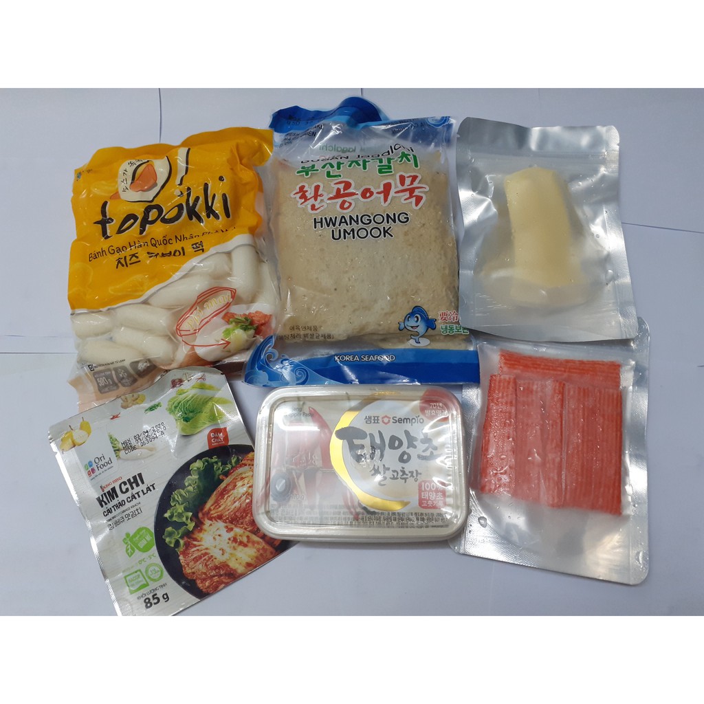 combo 500g bánh gạo phô mai,450g chả cá,100g phô mai sợi, hộp sốt Gochujang 200g,1 gói kim chi và 100g thanh cua