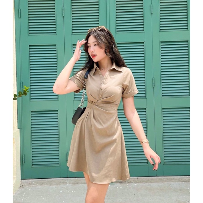 Váy Sơ Mi LI EO LỆCH HÔNG 3 Màu BabyDoll Siêu Xinh