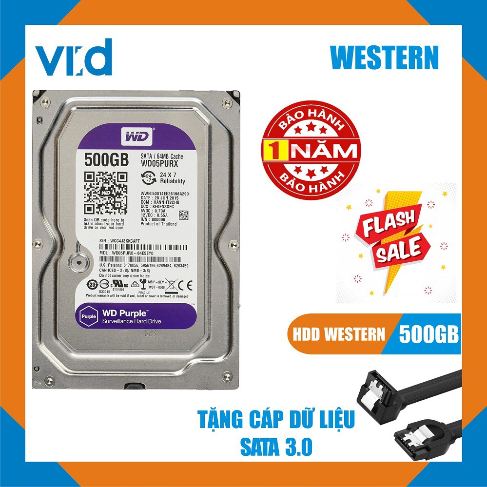 Ổ cứng HDD 500GB Western Tím - Tặng cáp sata 3.0 - Hàng tháo máy đồng bộ nhập khẩu từ Nhật Bản, Hàn Quốc mới 99%- BH 12T