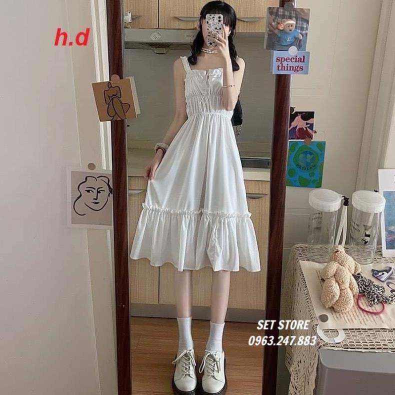 [Quà tặng viên kẹo]Váy nữ trắng hai dây xếp ly,đầm babydoll 2 dây body kiểu dáng Hàn Quốc < 53kg | BigBuy360 - bigbuy360.vn