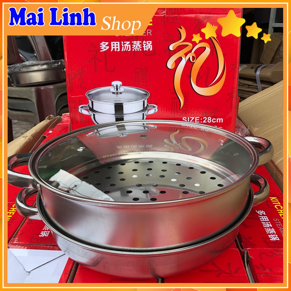 Nồi hấp inox 1 ngăn - 2 ngăn size 28cm - dùng được bếp từ, bếp hồng ngoại