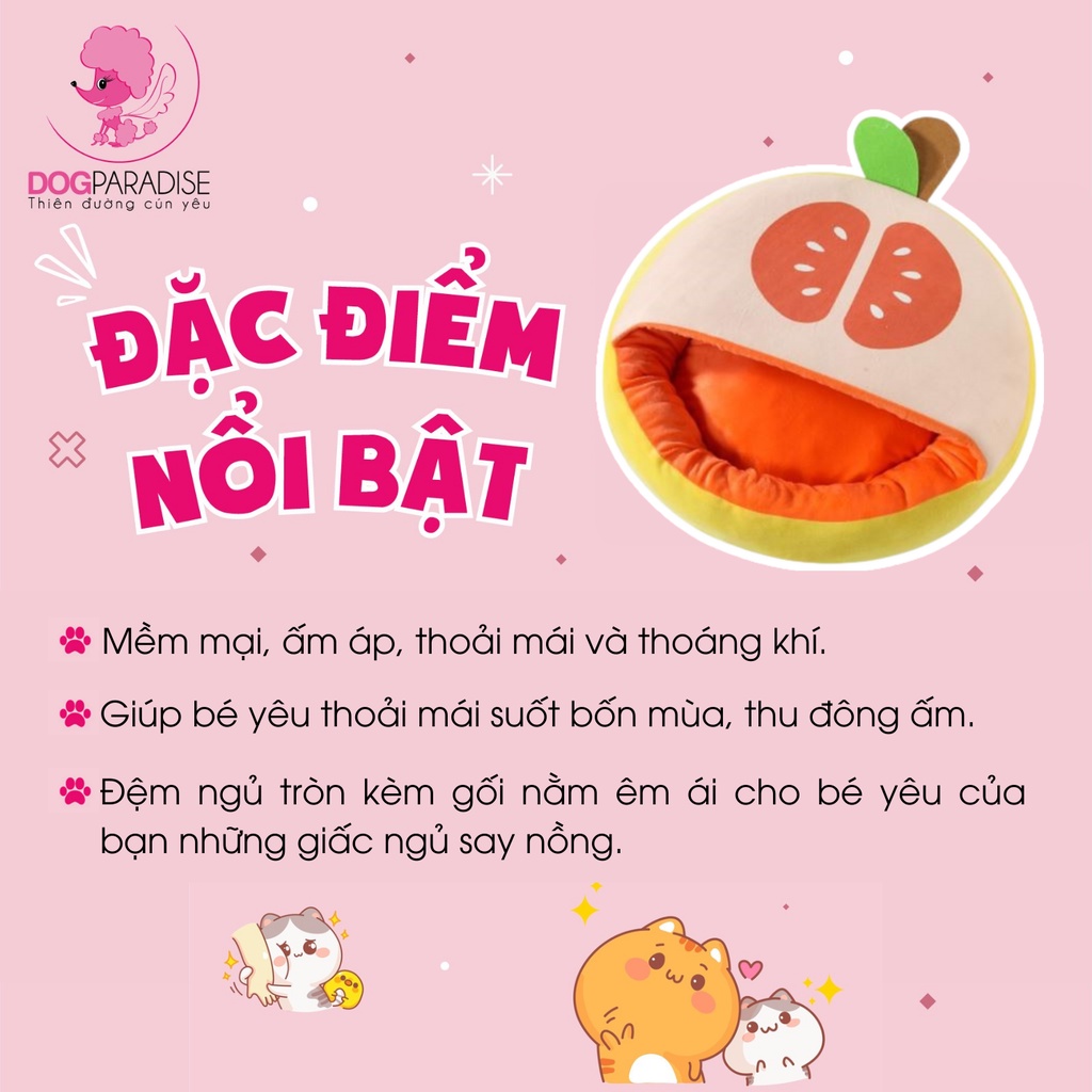 Đệm nằm tròn cho mèo thiết kế hình trái cây dễ thương chất liệu nỉ lông nhồi bông êm ái 50cm - Dog Paradise