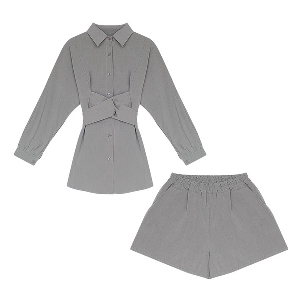 Set Áo Sơ Mi Bo Eo Giấu Quần Mix Quần Shorts Ống Rộng Cùng Màu