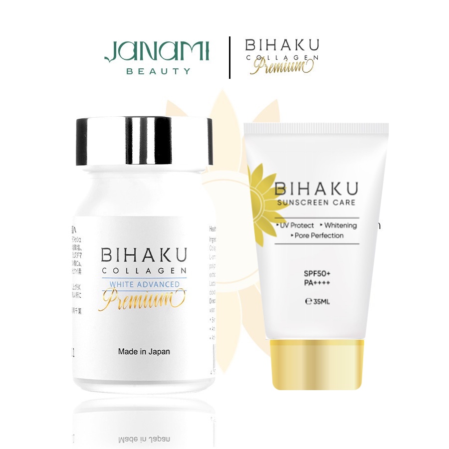 Bộ đôi dưỡng trắng toàn thân, ngừa nám và lão hóa Bihaku Sunscreen Care SPF 50+ PA++++ 35ml và Bihaku Collagen