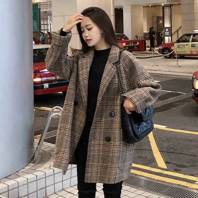 Áo khoác kẻ karo nữ trần bông kiểu Hàn Quốc