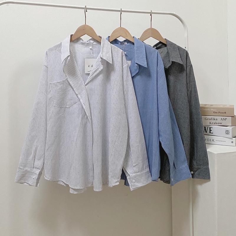 Áo sơ mi kẻ nữ vạt chéo tay dài from rộng - ảnh thật