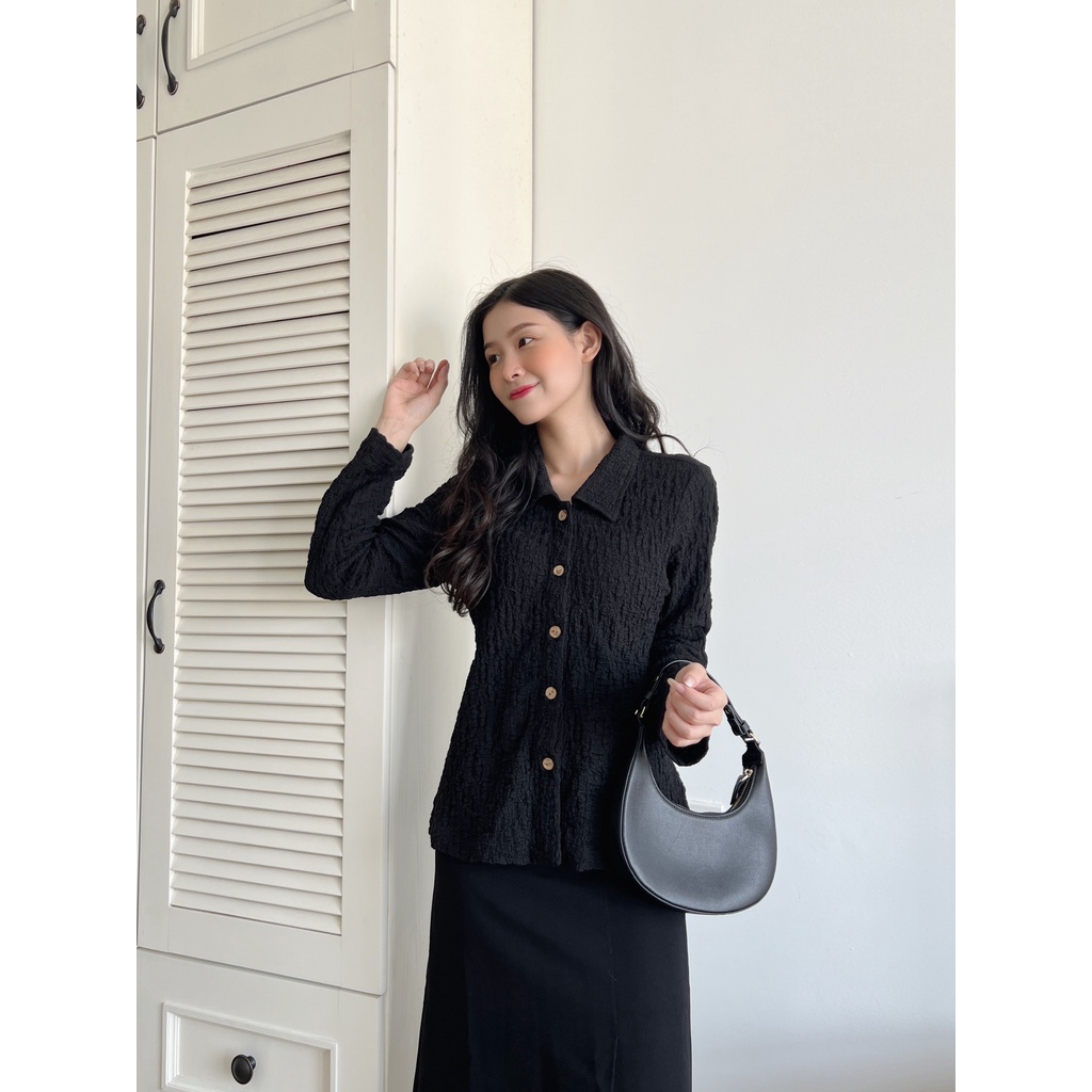 YU CHERRY | Áo sơmi nữ chất vải thun gân cách điệu Pattern Spandex Shirt YA378