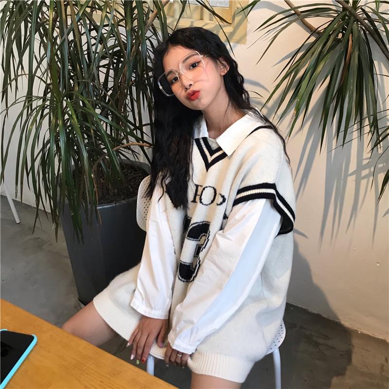 Set Áo Sơ Mi Cổ Chữ V Form Rộng Và Áo Khoác Không Tay Thời Trang Mới Trẻ Trung Sành Điệu Cho Nữ