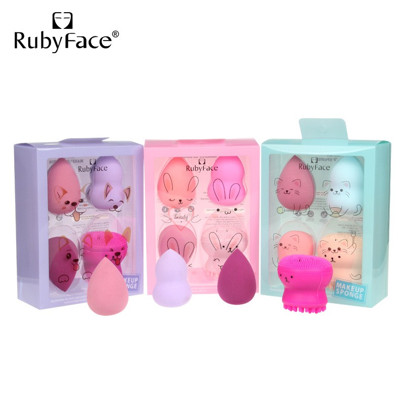 Set 3 Mút Trang Điểm+ Bạch Tuộc Rửa Mặt Hộp Vuông Thỏ Mèo RUBYFACE