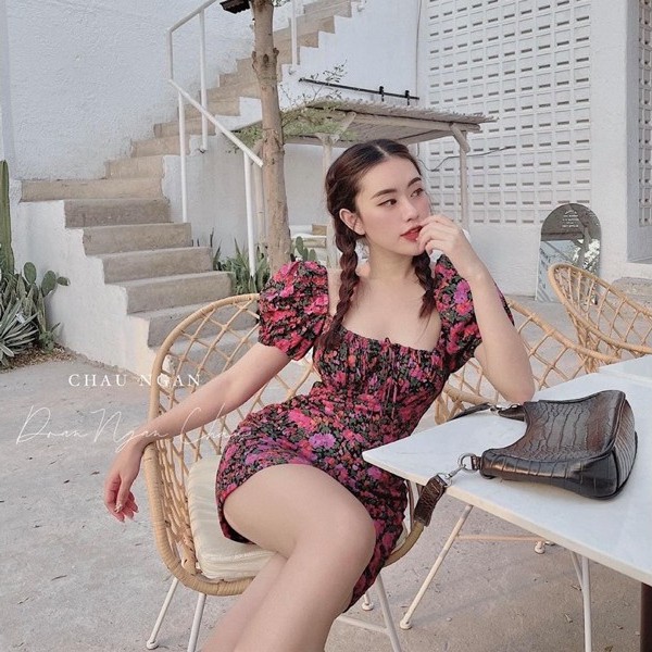 Đầm trễ vai hoa nhí hồng tím dáng ngắn tiểu thư siêu xinh, Váy dự tiệc cổ vuông tay bồng hàng đẹp giá rẻ | BigBuy360 - bigbuy360.vn