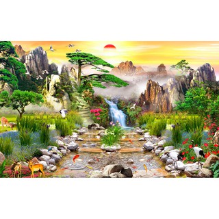 Tranh dán tường 3D phong cảnh sơn thủy - thác nước (Kích thước theo yêu cầu)