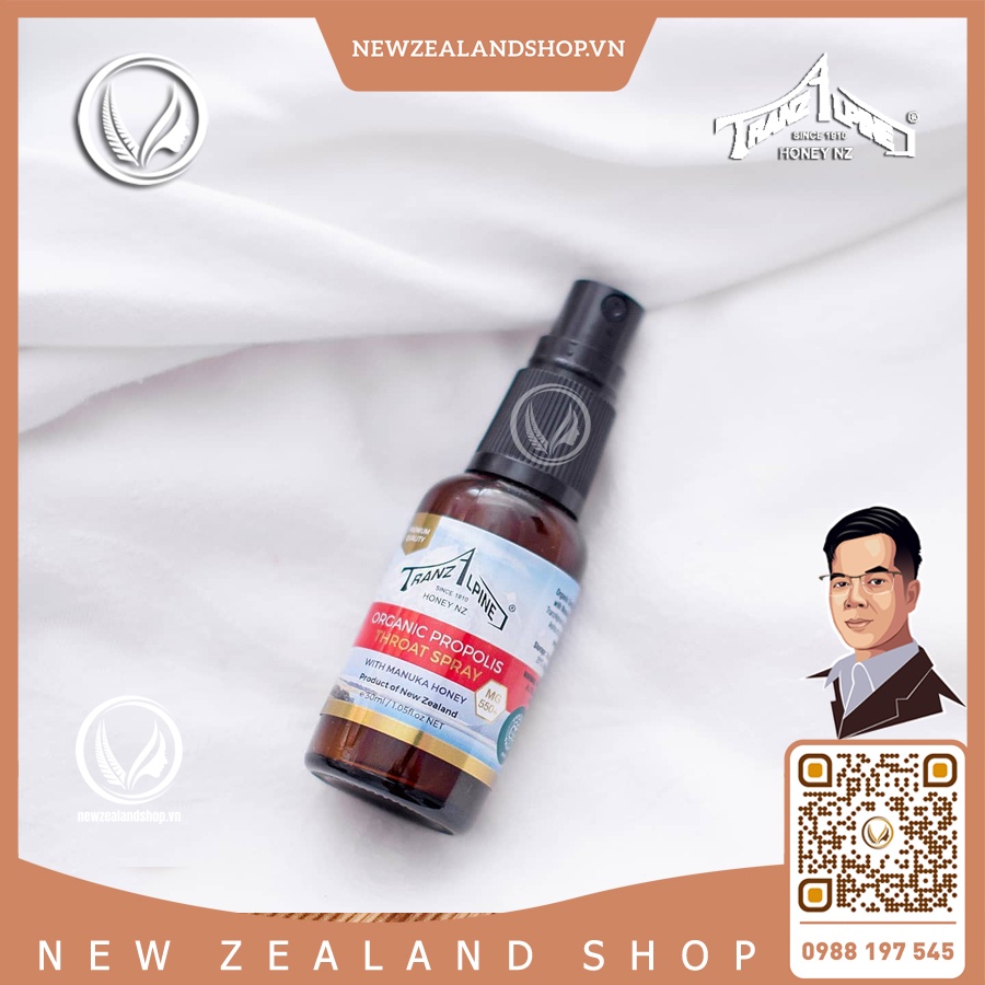 Xịt họng keo ong TranzAlpineHoney Organic Propolis Throat Spray With Manuka Honey MG550+