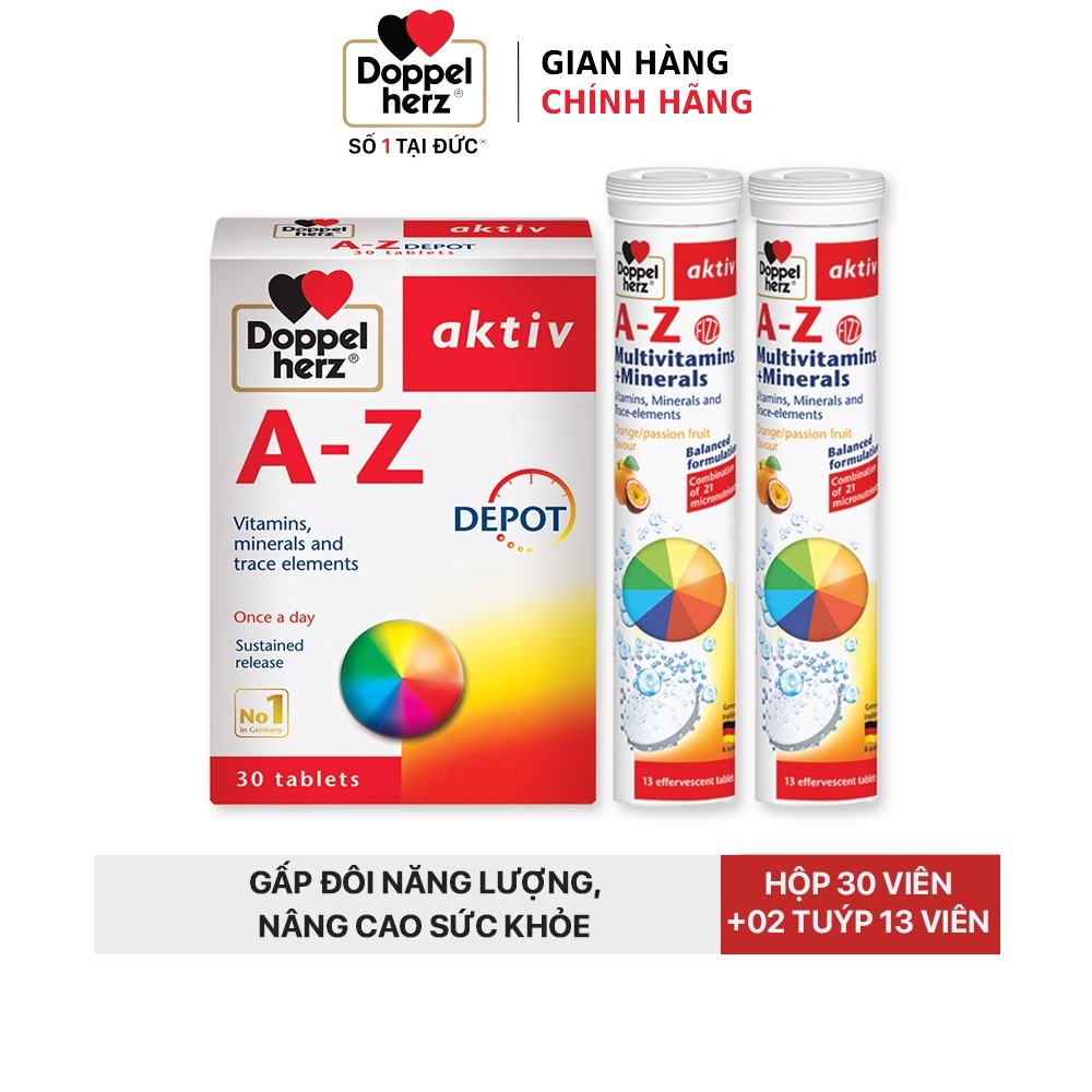 Combo bổ sung vitamin tổng hợp tăng cường đề kháng Doppelherz A Z Depot (30 viên) + 02 tuýp sủi A Z Fizz (13 viên)