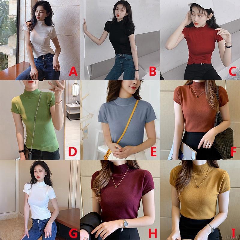 Áo dệt kim nữ cổ lọ tay ngắn màu trơn