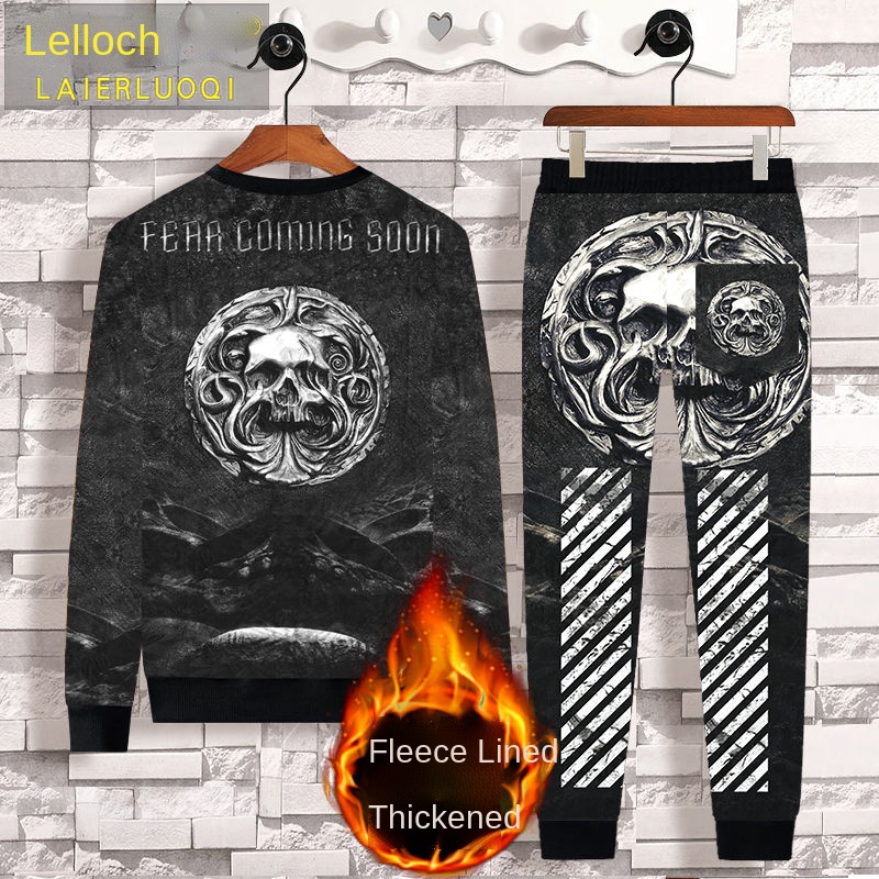 Bộ đồ hai món vải nhung dáng rộng in họa tiết thời trang thu đông cho nam và nữ