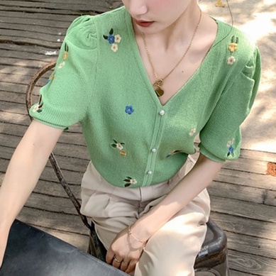 Áo Dệt Kim Cổ Chữ V Thêu Họa Tiết Phong Cách Pháp Thời Trang Mùa Hè Xinh Xắn Cho Nữ