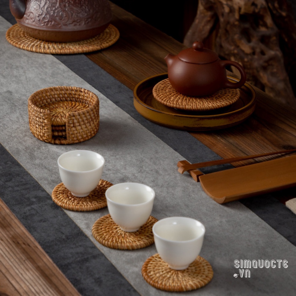 Bộ 6 tấm lót ly uống trà kèm khay đựng chất liệu mây tre đan trang trí nhà cửa, đạo cụ chụp ảnh decor