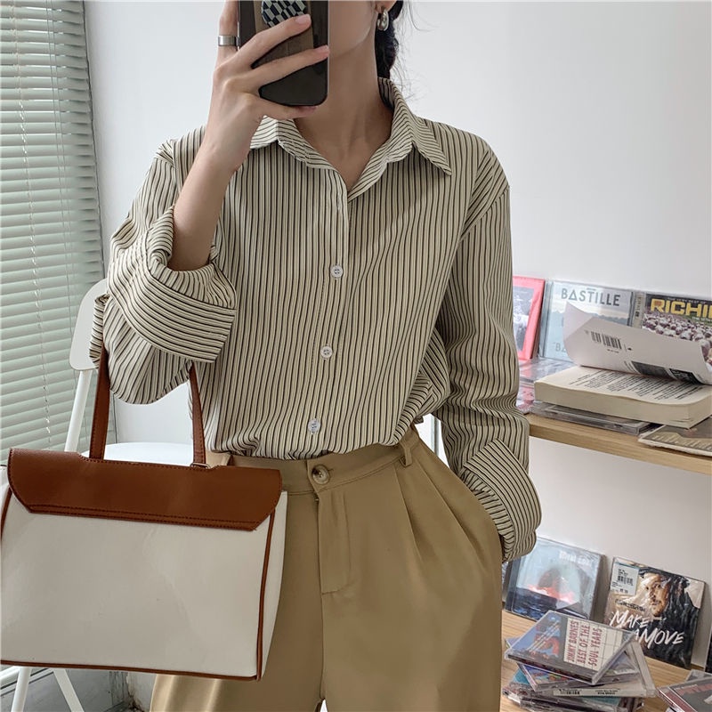 Áo Sơ Mi Tay Dài Kẻ Sọc Thời Trang Retro Cho Nữ