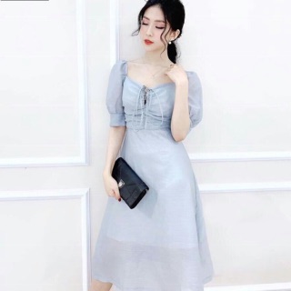 Đầm cổ vuông tay phồng rút dây ngực siêu xinh