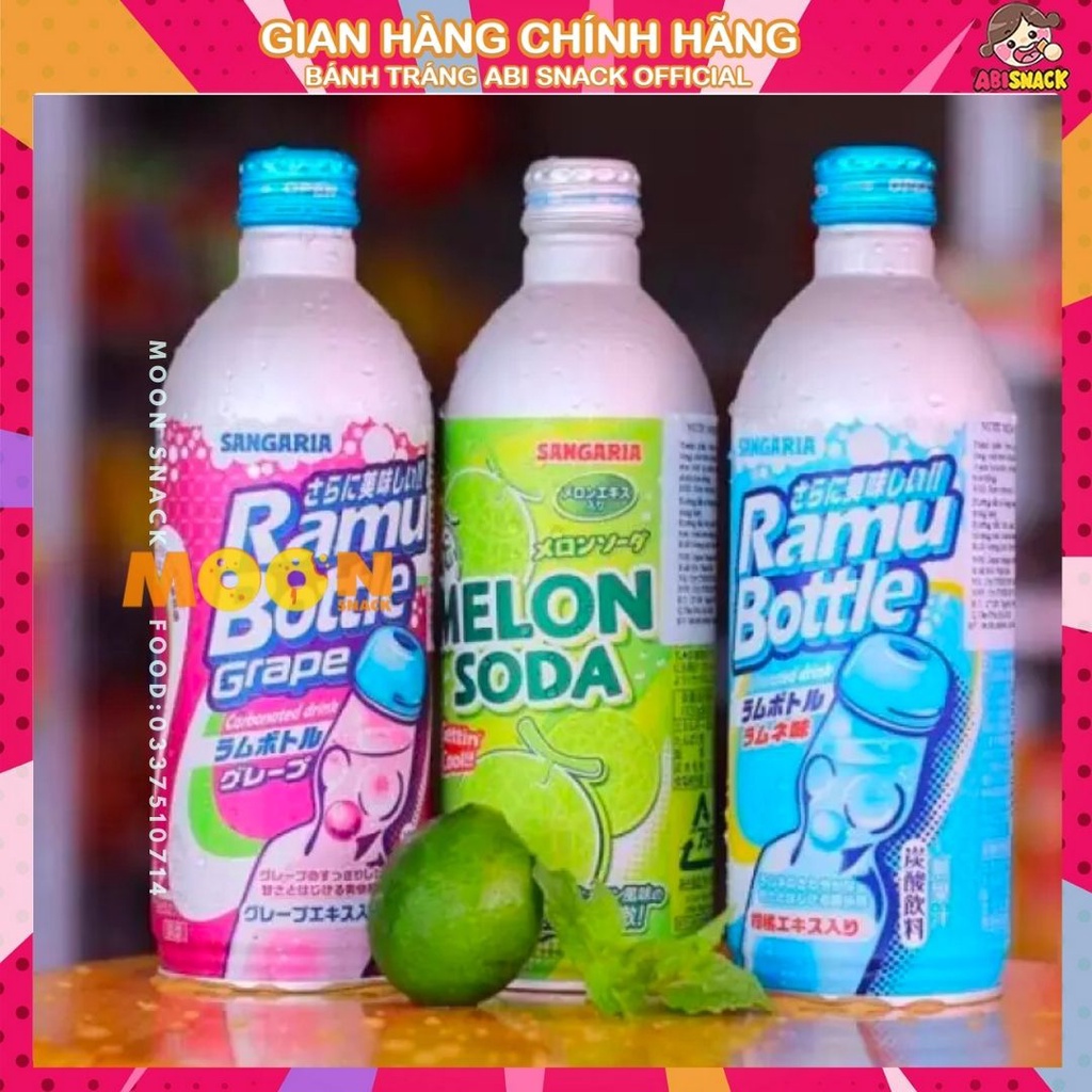 Nước ngọt Soda nhập khẩu chính hãng Nhật Bản Sangaria Ramu Bottle Vị Nho/Dưa Lưới/Truyền Thống Chai 500ml