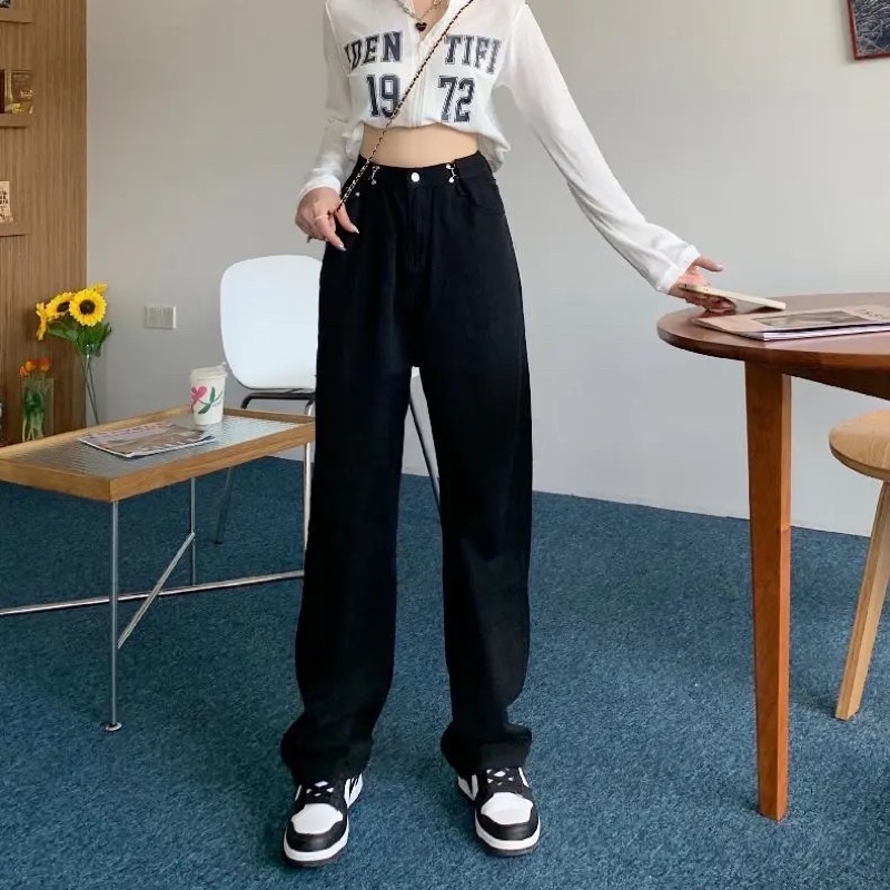 Quần Jeans Nam Nữ  Màu Đen Trắng Xanh Cạp Khuy Điều Chỉnh Eo Basic Hách Eo Hách Dáng Cạp Cao Ống Suông Loại 1