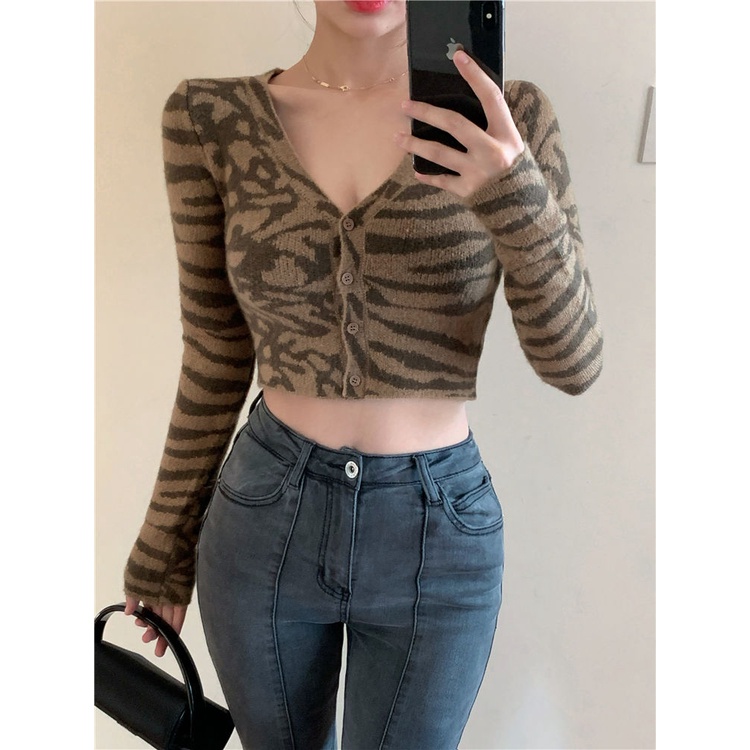 Áo cardigan dệt kim ZHELIHANGFEI tay dài cổ chữ v eo cao in họa tiết da báo kiểu Mỹ