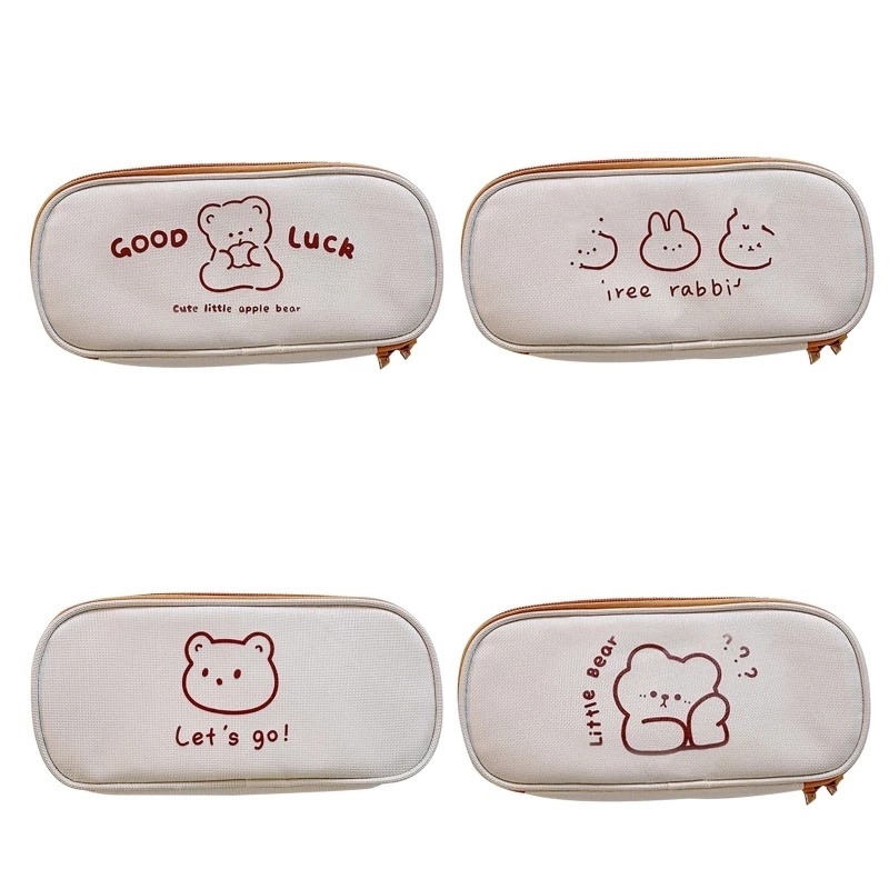 Túi Đựng Bút Bằng Vải Canvas Sức Chứa Lớn In Họa Tiết Gấu Kawaii Đơn Giản