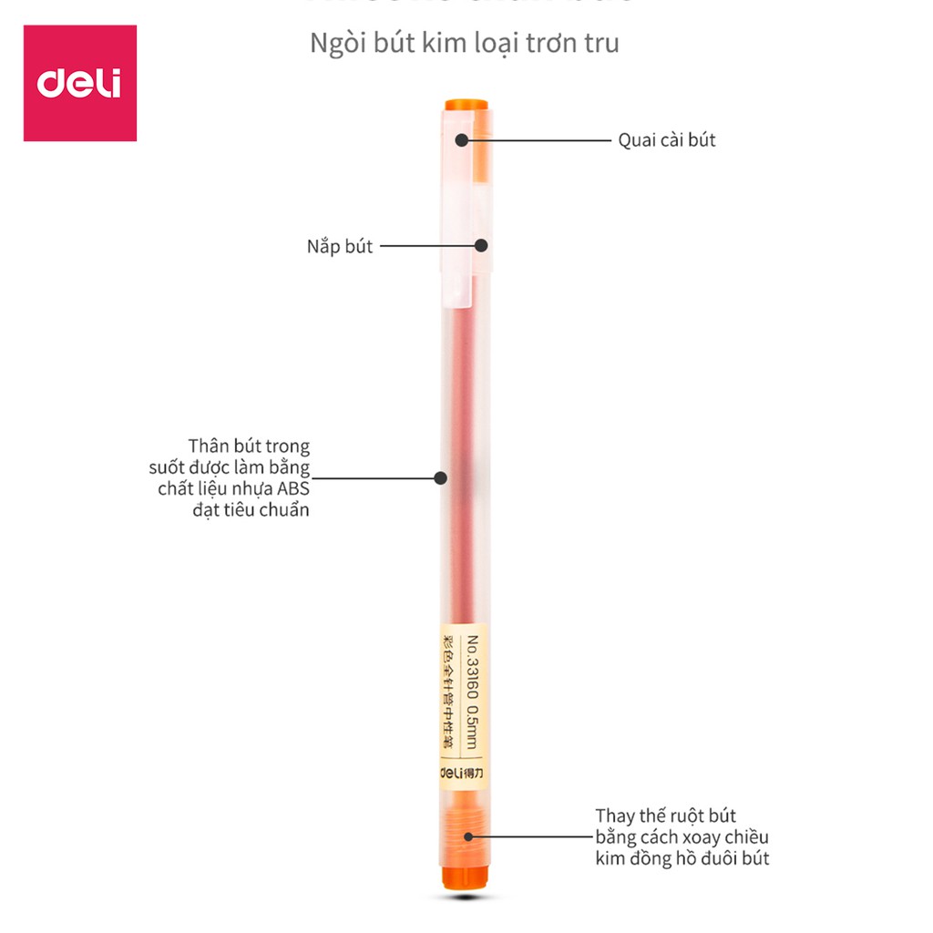 Bút gel 0.5mm nhiều màu Deli - có nắp gài - 1 chiếc - Đỏ/ Xanh Dương/ Xanh Lá/ Tím/ Cam - A119 .