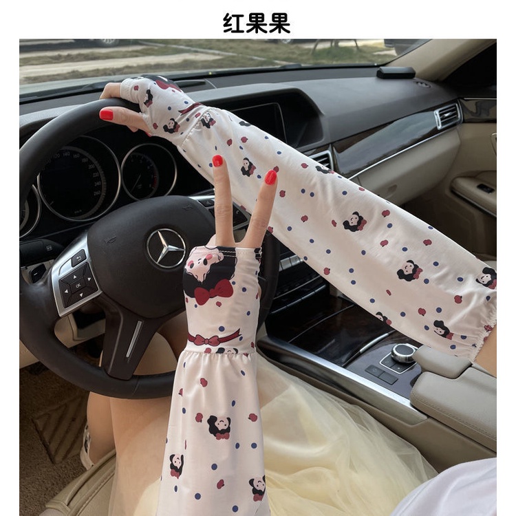 Găng tay chống nắng lụa lạnh dáng rộng hoạ tiết cô gái đáng yêu