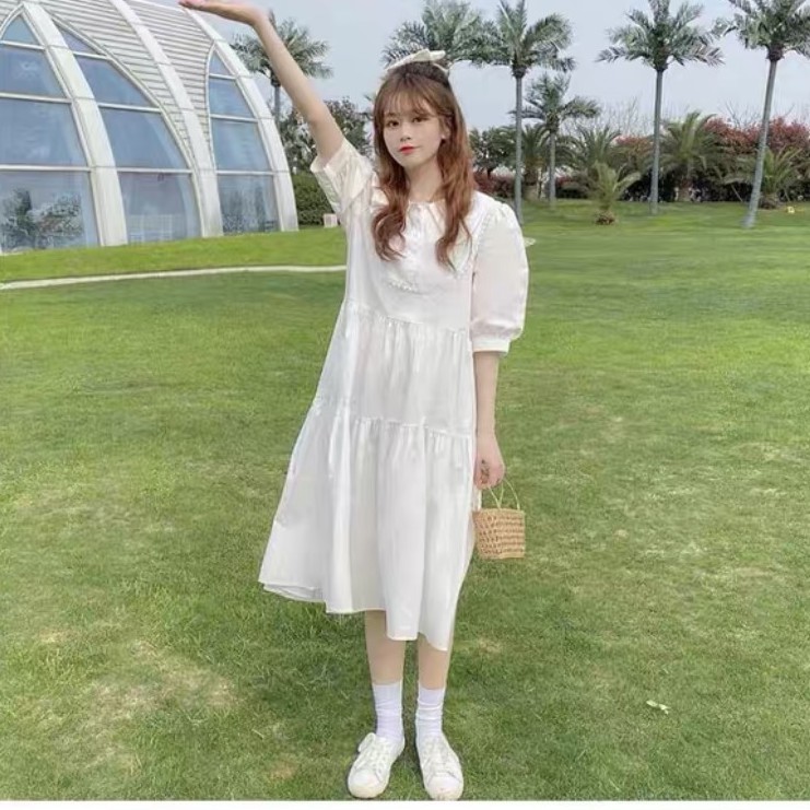 Váy Babydoll Cổ Bẻ Form Rộng Ulzzang - Đầm Babydoll Trắng Dài Qua Gối VD05 | BigBuy360 - bigbuy360.vn