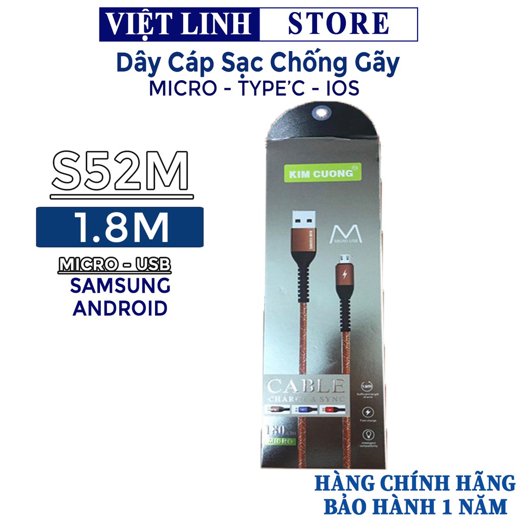 Cáp sạc nhanh kim cương S52 1.8m, dây dù chống đứt gãy dùng chung cho nhiều dòng Samsung, Oppo - Việt Linh Store