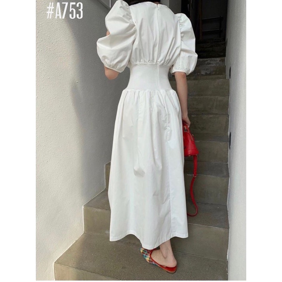 Đầm Trắng Tay Phồng Vintage Nhún Eo