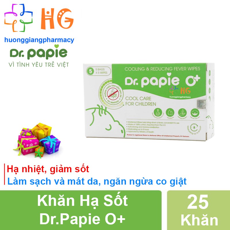 Khăn Hạ Sốt Dr Papie - Hạ nhiệt, giảm sốt. Làm sạch và mát da, ngăn ngừa co giật (Hộp 25 Khăn)